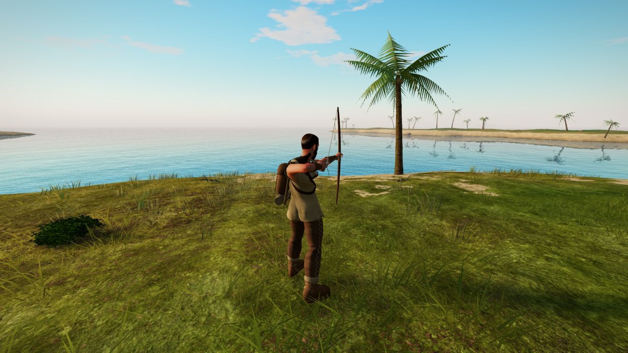 A survivor in woven and hide clothing drawing a wooden bow above the bay