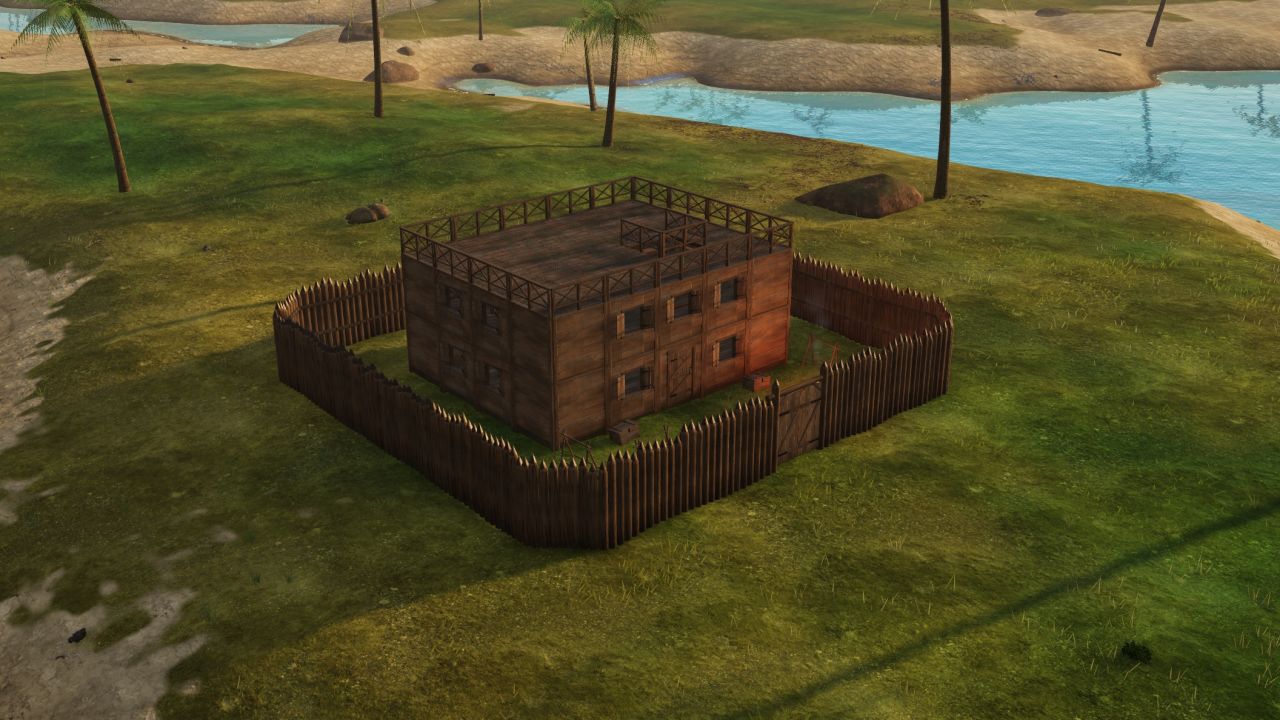 A palisaded base with its gate shut, on a claimable island in the evening light