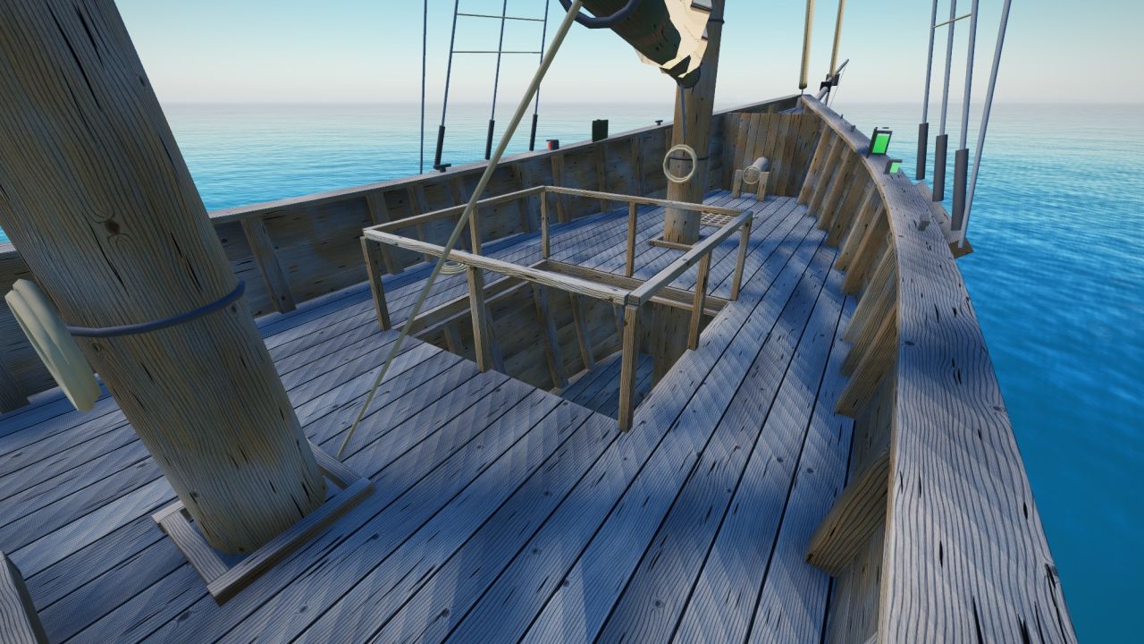 The Schooner's railed deck opening and companion stairs